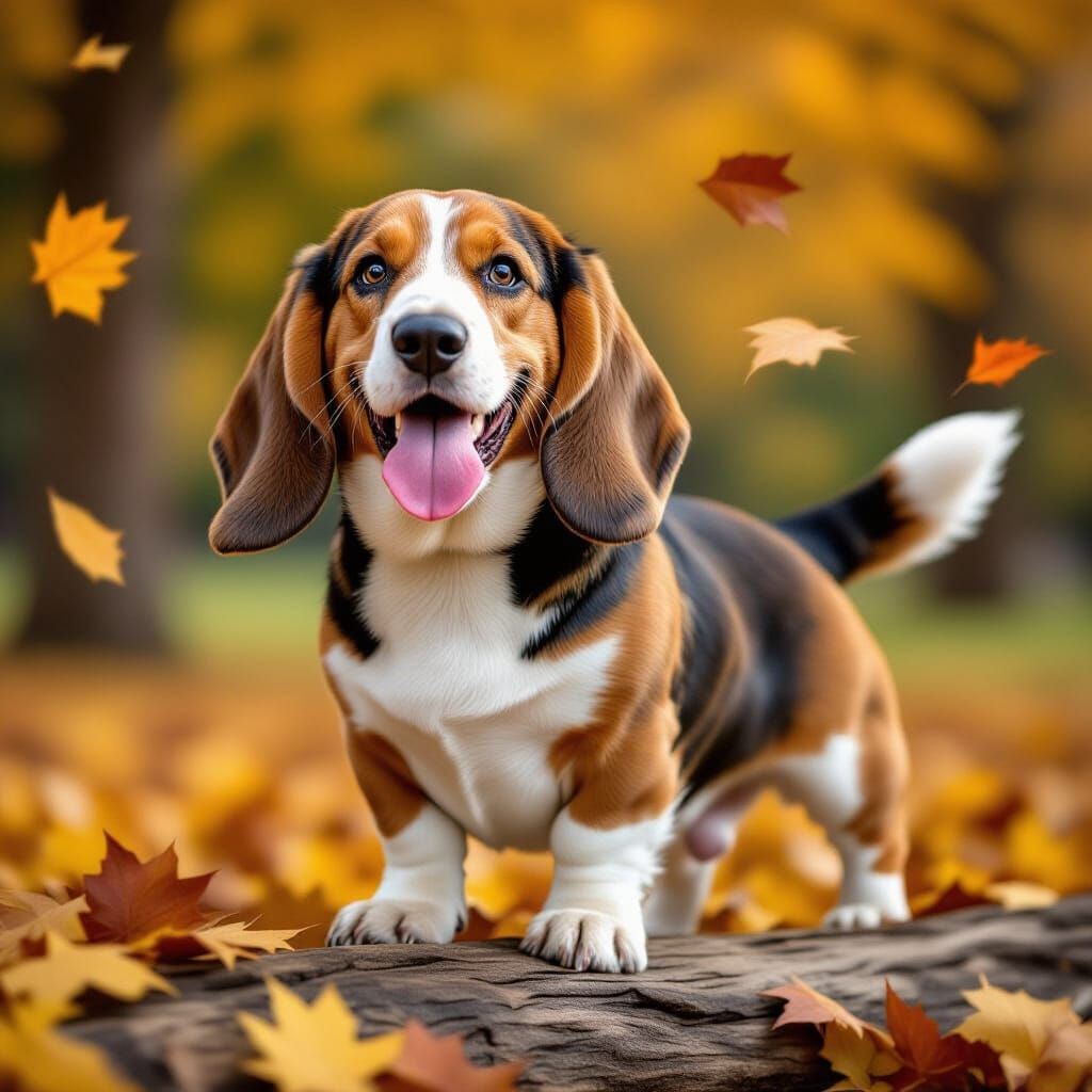 Basset Hound in Autumn Park with Falling Leaves