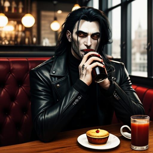 Modern Vampire Sips Blood in a Trendy Cafe