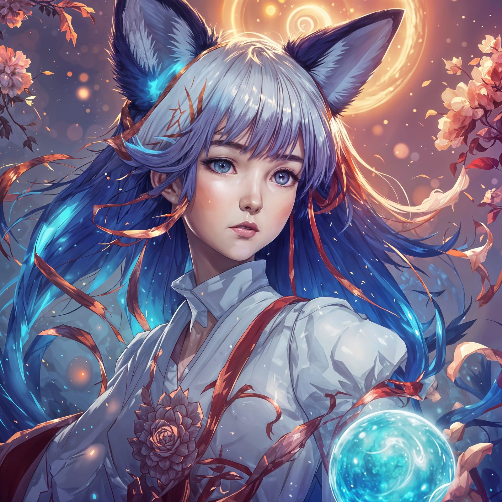 Fox Kemonomimi Conjuring Energy Orb in Digital Art