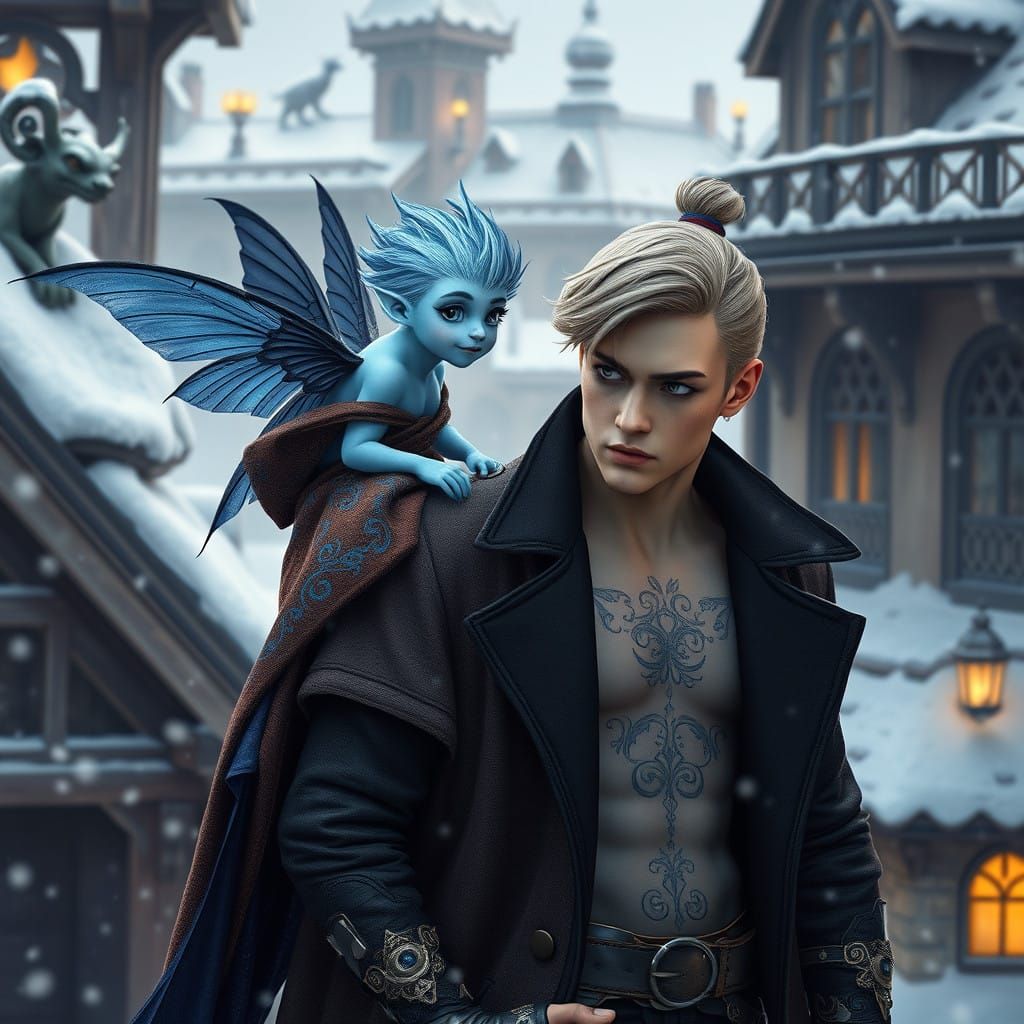 Medieval Pixie and Companion in Snowy Town