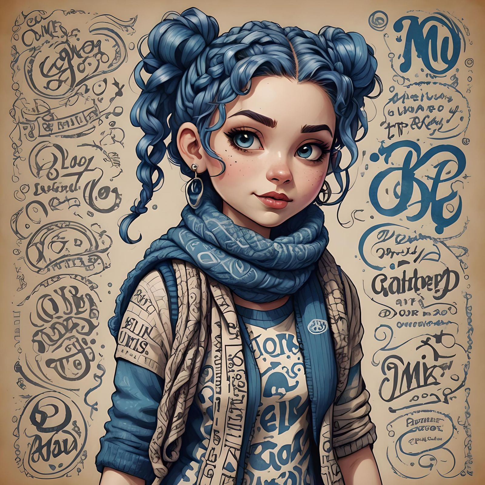 Detailed Calligraphic Ink Lettering: Punk Girl Portrait