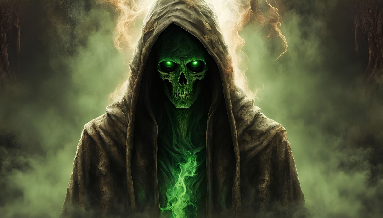 Hooded Figure in Decayed Hall with Green Eyes
