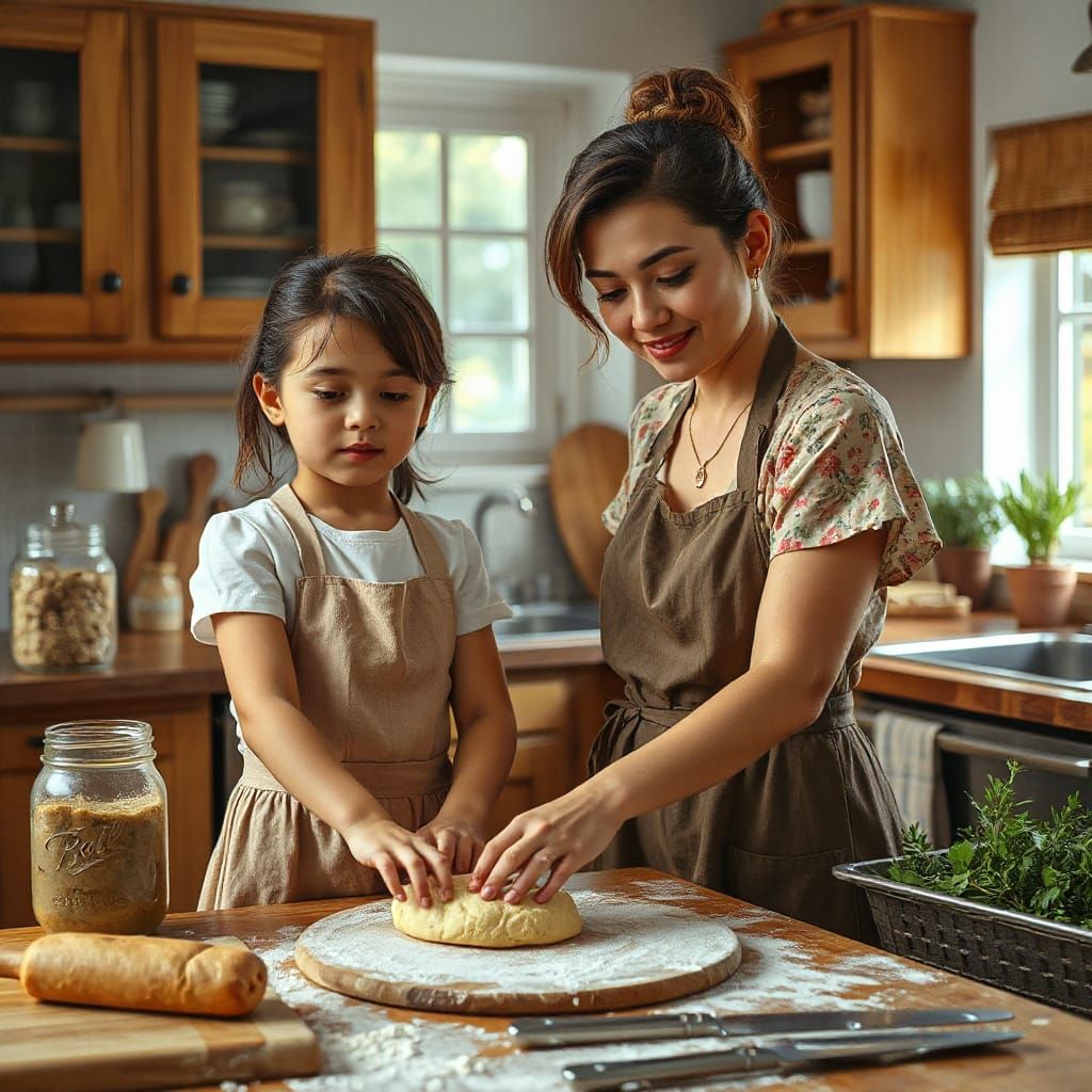 Mother and Daughter Baking Bread, Photorealistic Style