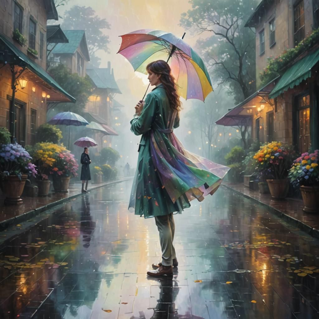 Romantic Couple Under Umbrella: Ethereal Oil Painting