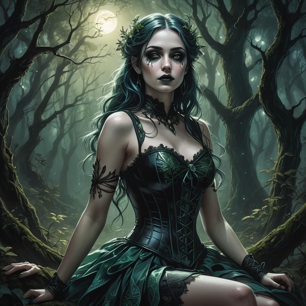 Mystical Goth Girl in Moonlit Forest: Pencil Sketch