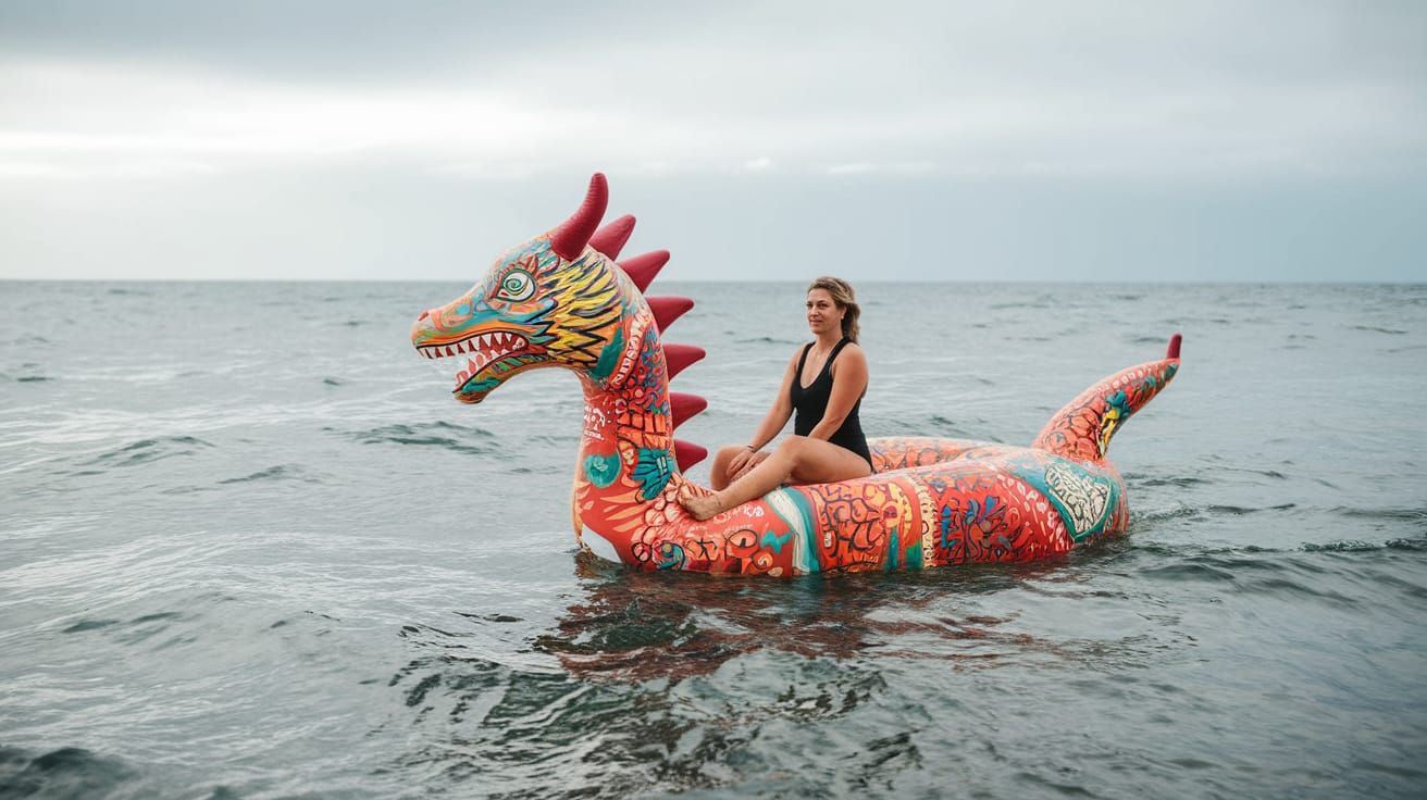 Surreal Beach Scene Depicts a Heroic Rider on a Vibrant Infl...