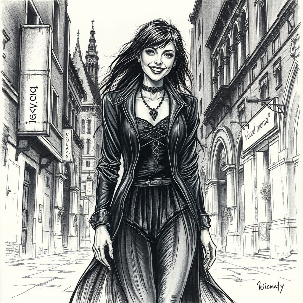 Gothic Woman Strolls Through City in Whimsical Charcoal Draw...