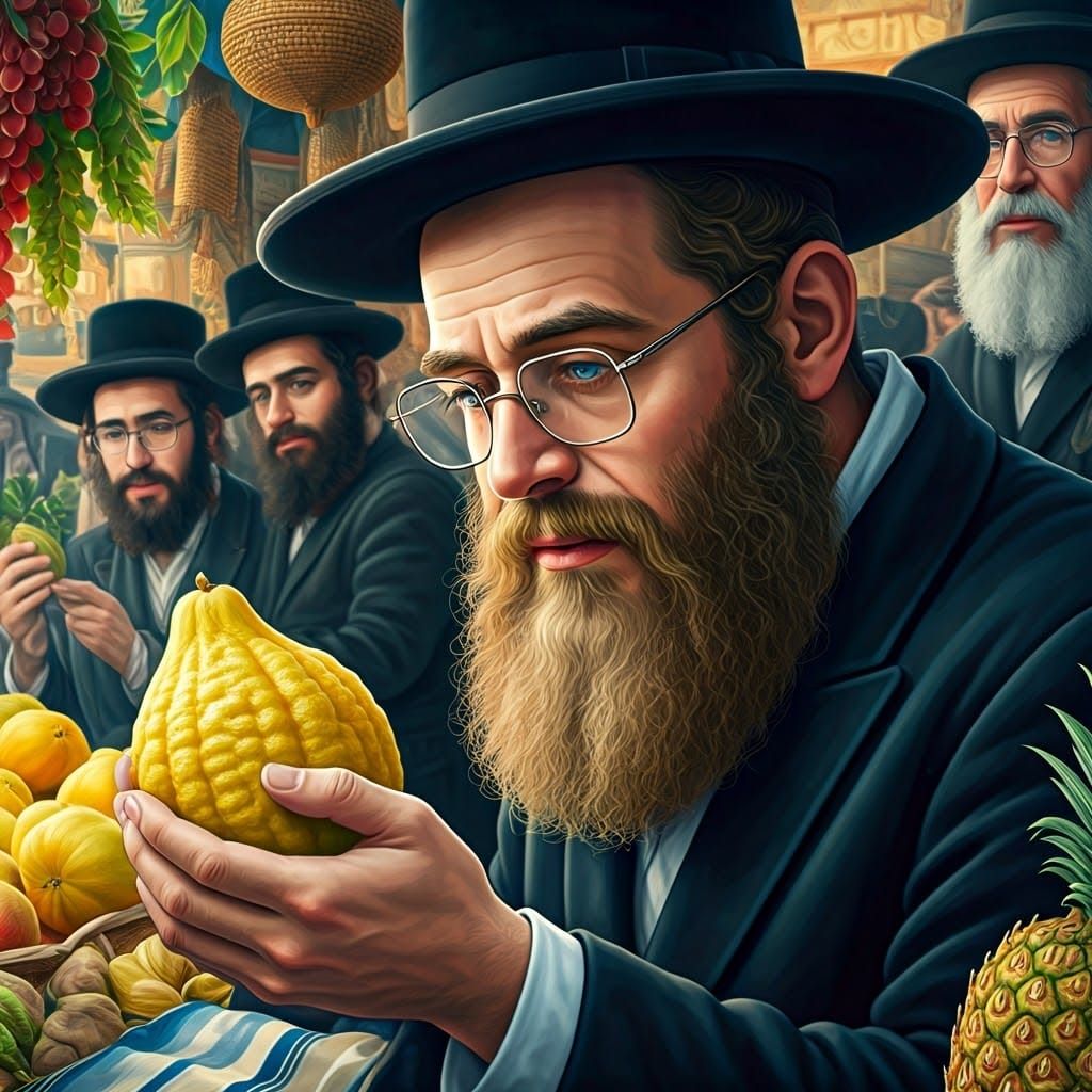 Hasidic Jew Examines Etrog in Hyperrealistic Style