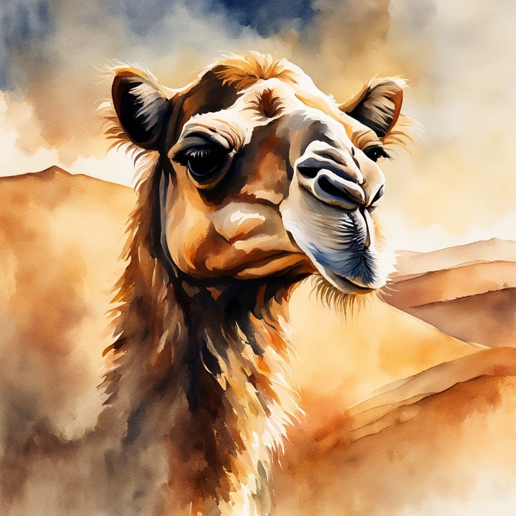 Dreamy Watercolour Camel Portrait in Desert Sunlight