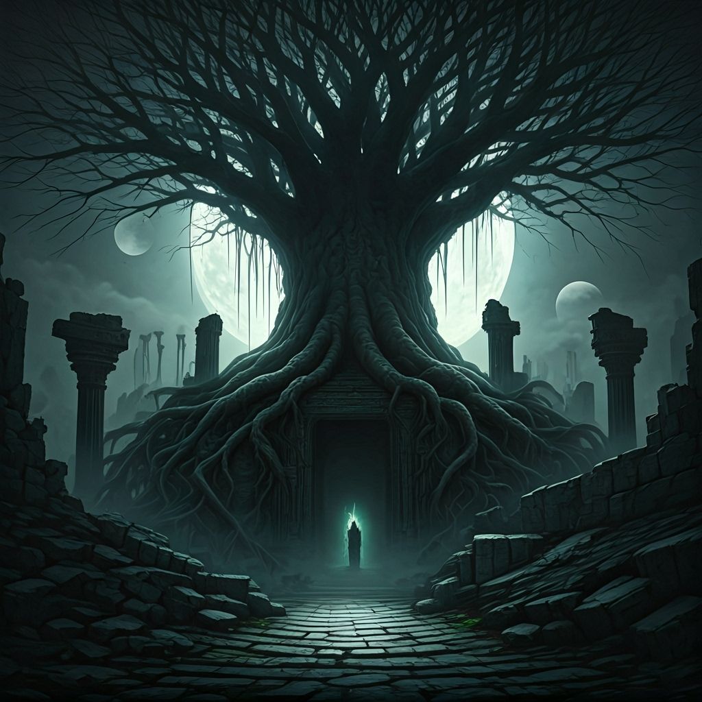 Ancient Tree Over Ruins Under Double Moon in Dark Fantasy St...
