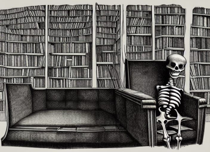 Skeleton in Library: Retrofuturistic Ink Drawing