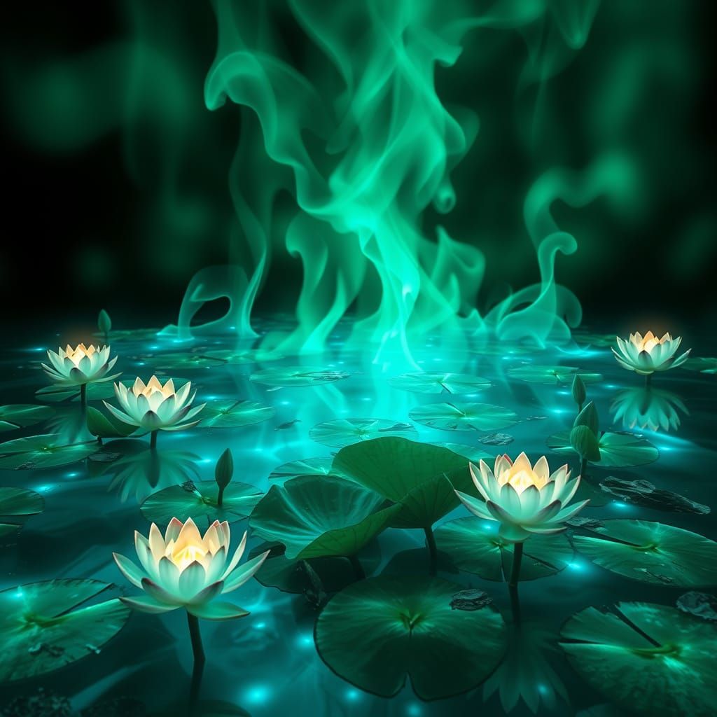 Bioluminescent Lotuses in Lapis Lazuli Pool