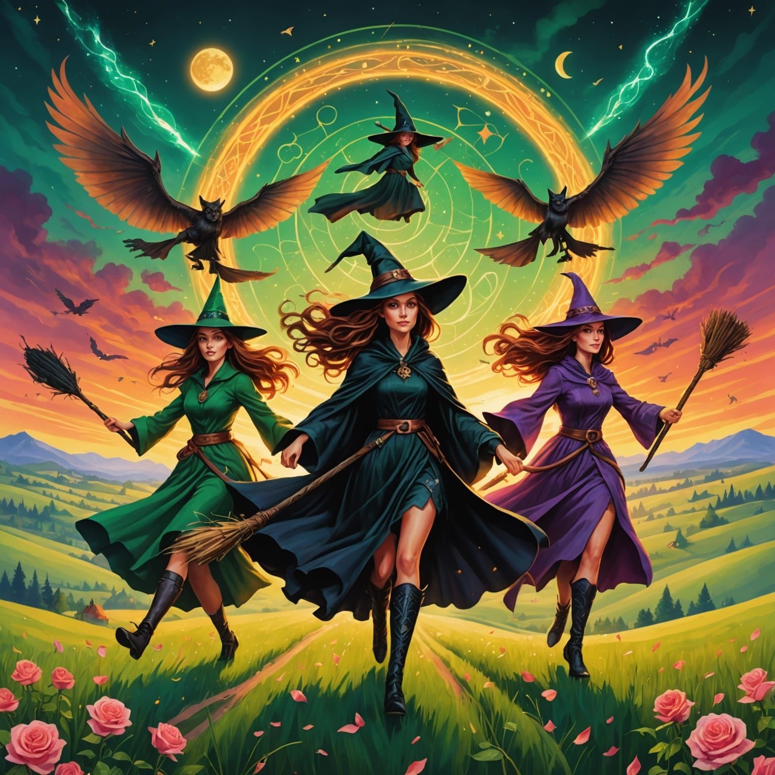 Witches Flying at Sunset with Glowing Runes