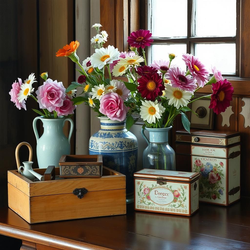 Floral Still Life with Antiques in Window Light