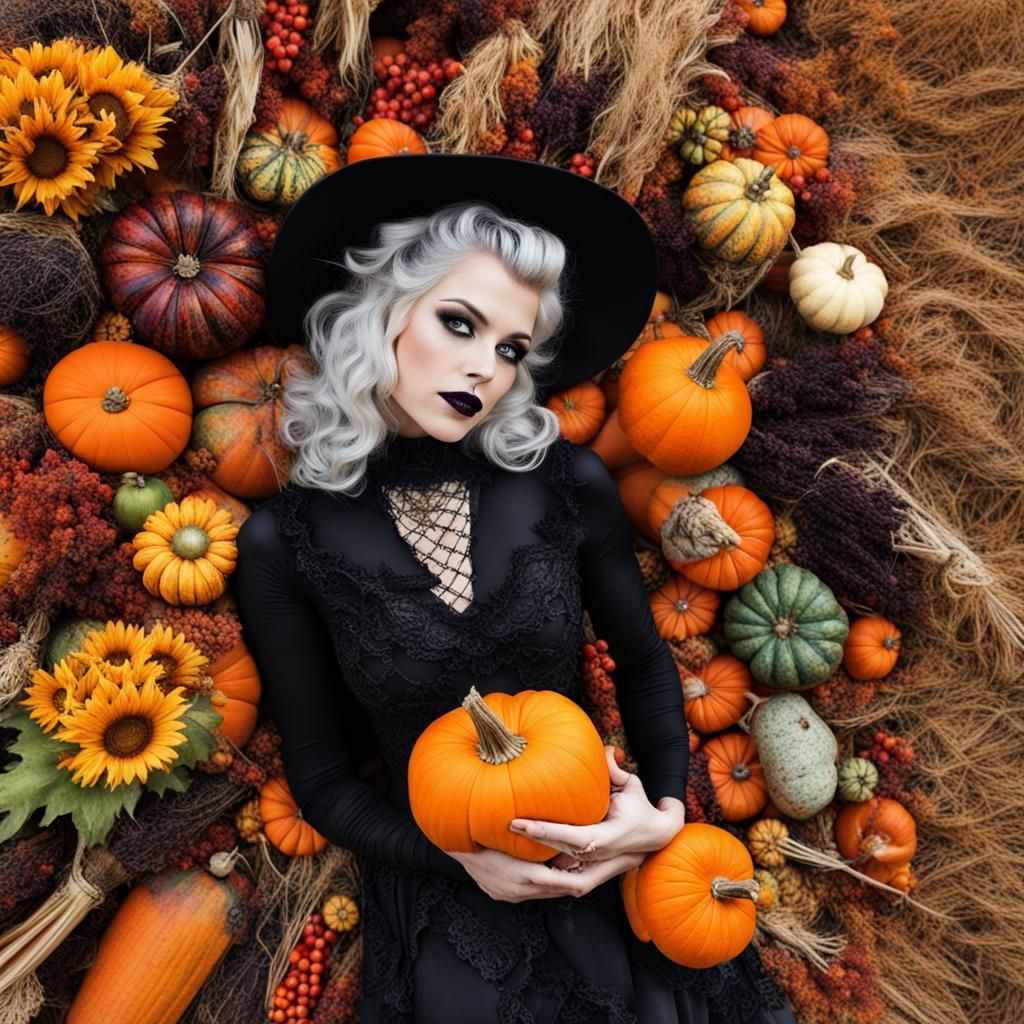 Glam Goth Farm Girl in Autumn Cornucopia