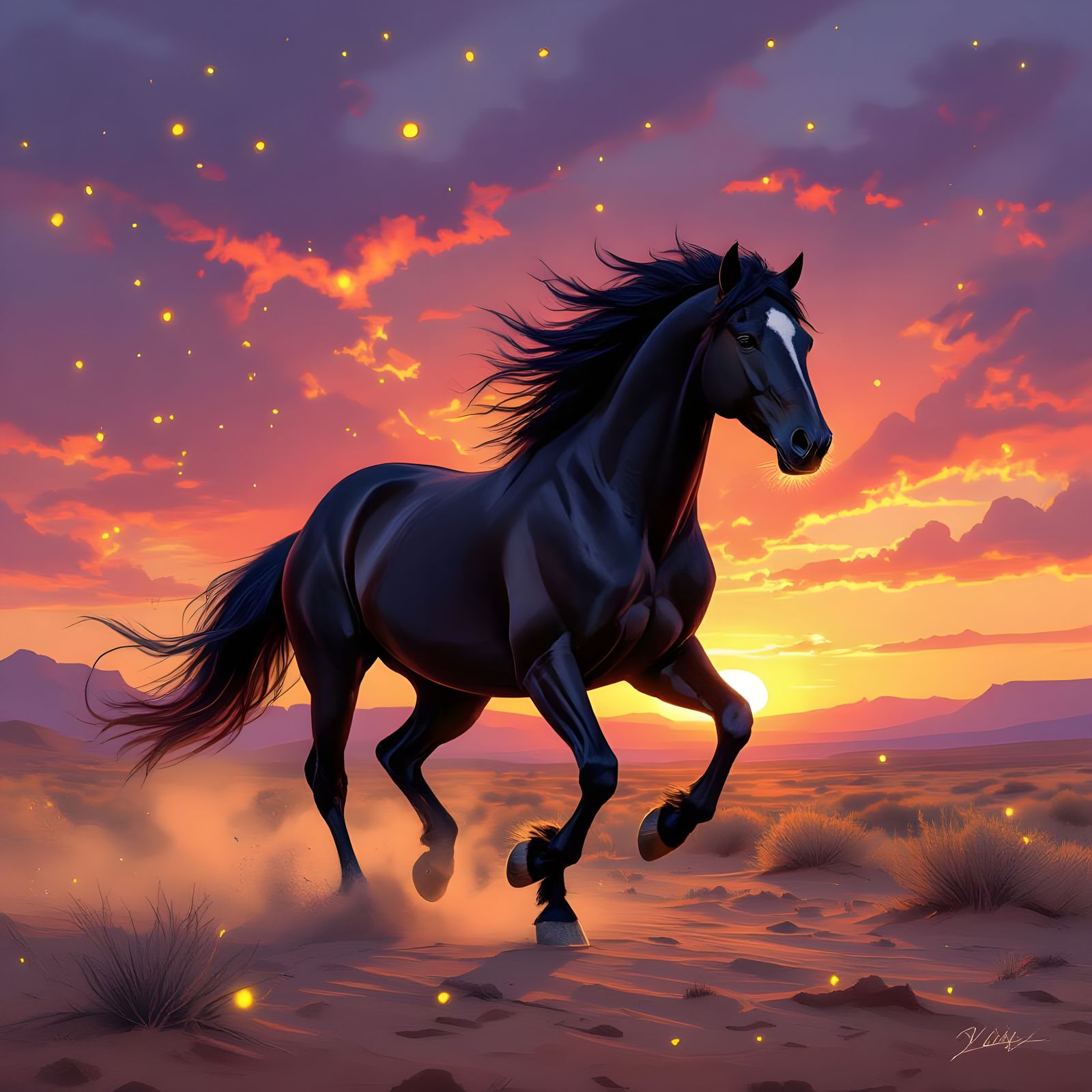Black Stallion Galloping into Fiery Desert Sunset