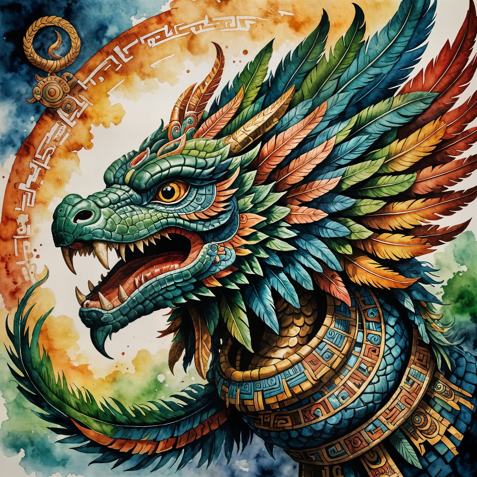 Quetzalcoatl: Flying Feathered Serpent in Watercolour