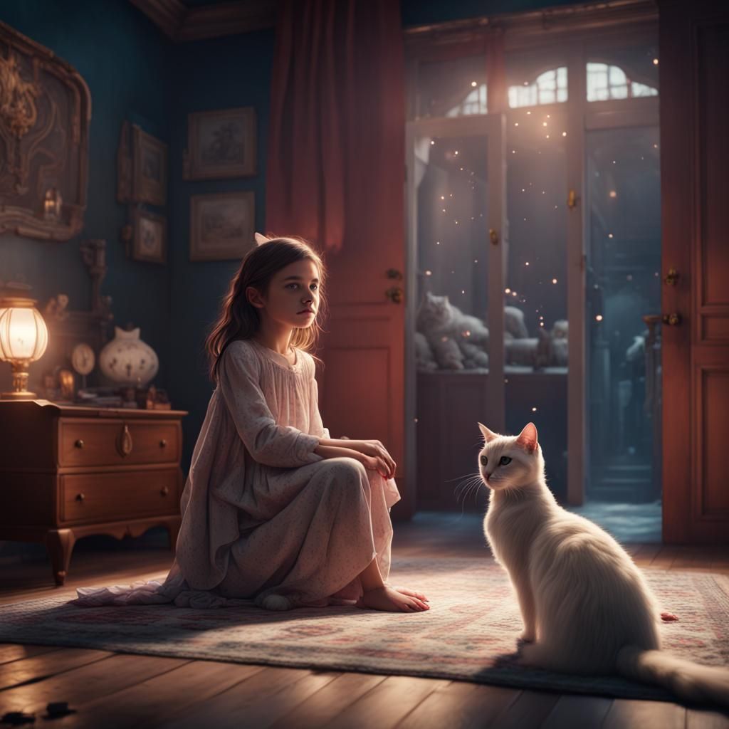 Cat Ghost and Girl: Detailed Matte Painting