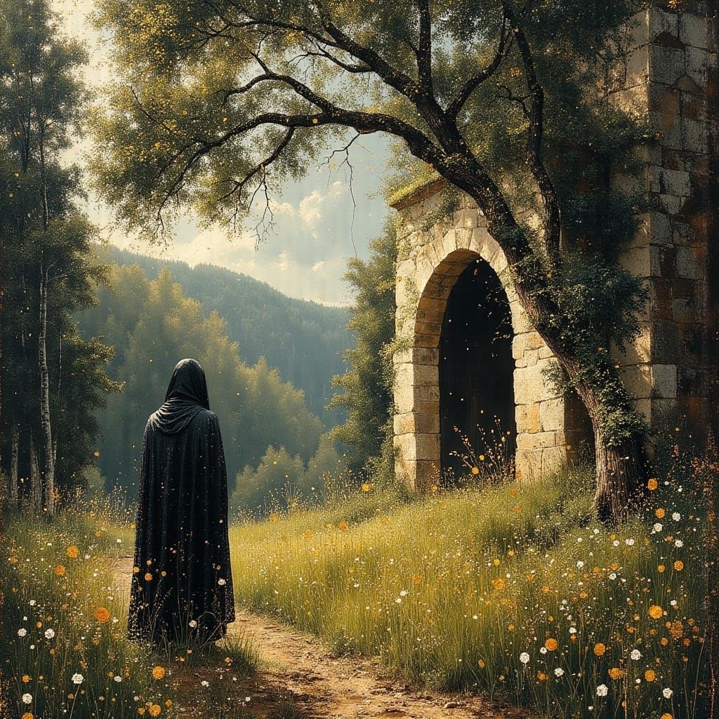 Monk Praying at Ancient Monastery in Romantic Style