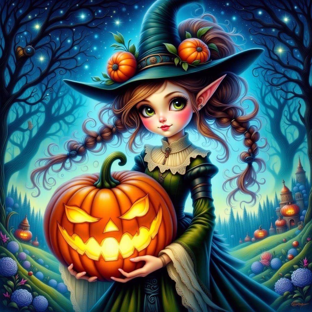 Whimsical Witch With Glowing Pumpkin in Watercolor Style