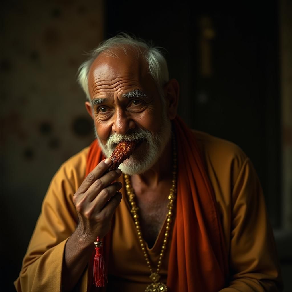Cinematic Portrait of Figure Eating Chicken