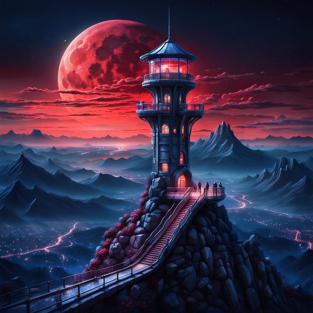 Futuristic Mountain City Lookout Tower in Digital Painting S...