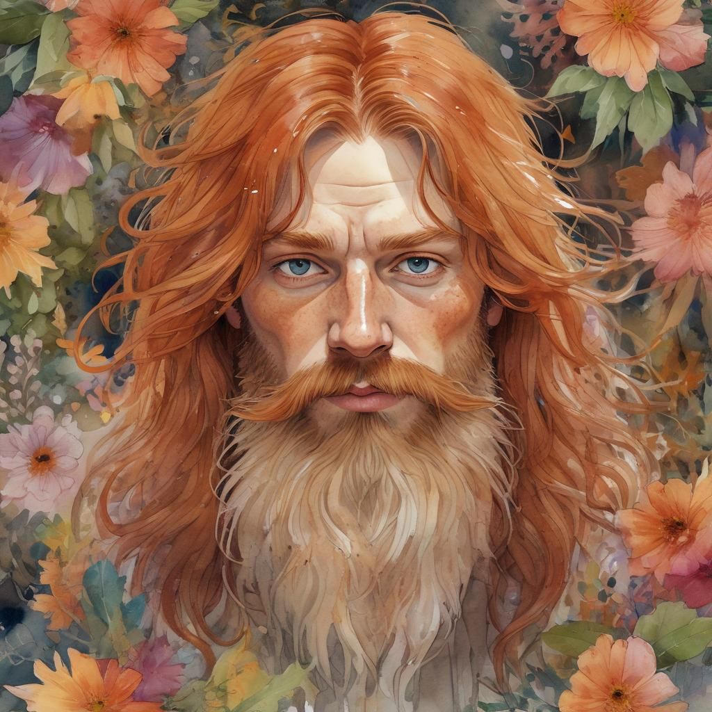 Redhead Druid Portrait in Watercolor Style