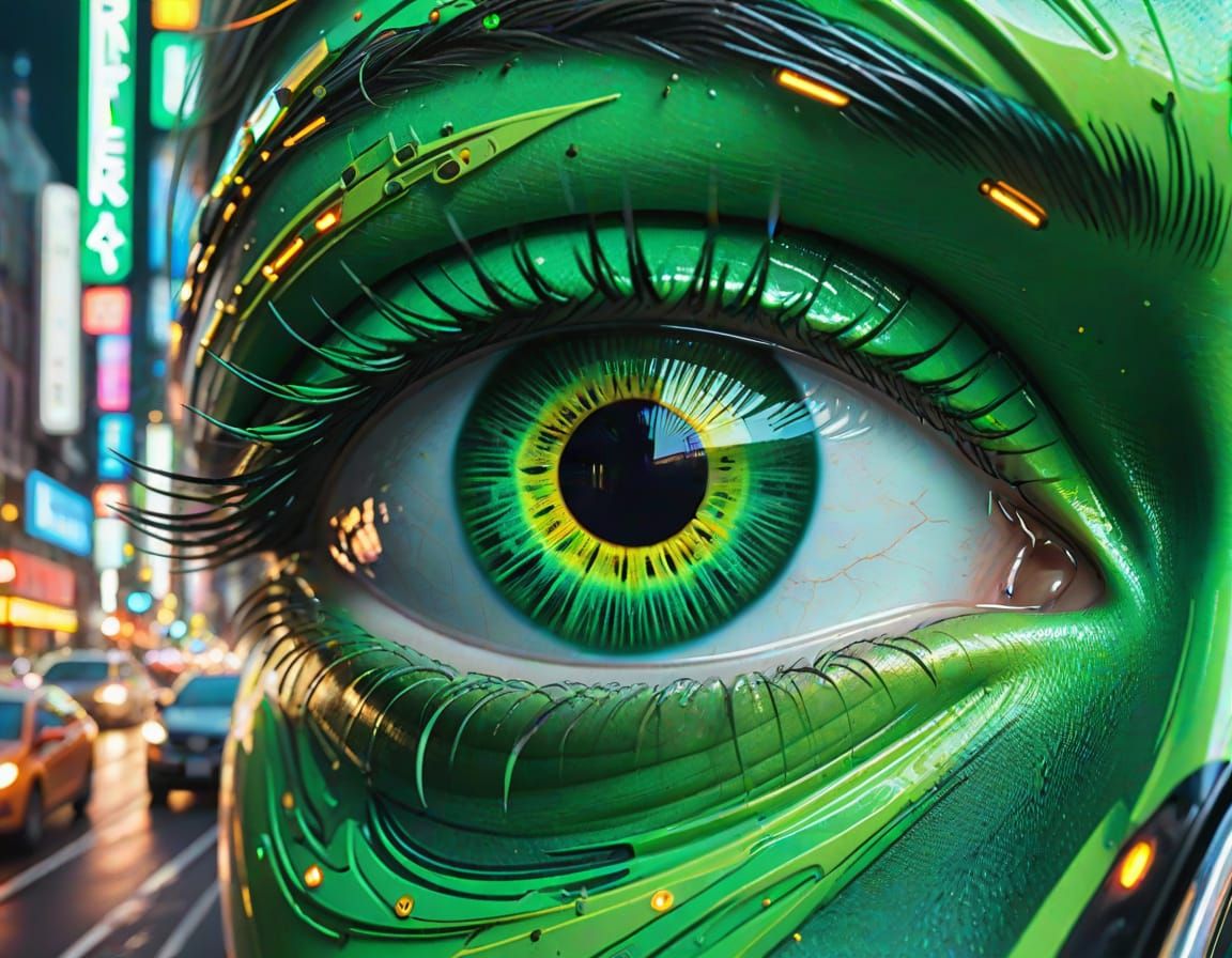 A close-up of a vivid green eye with intricate details set a...
