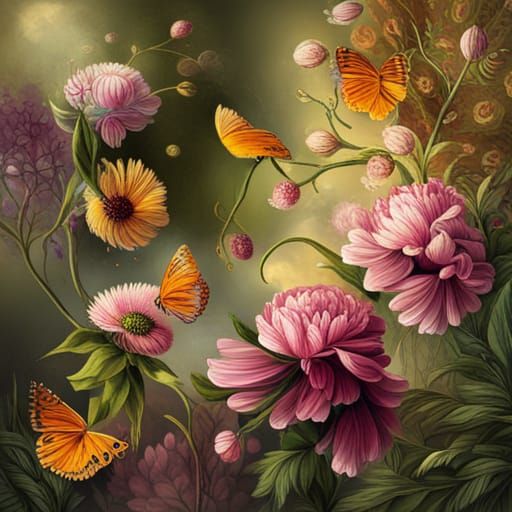 Vintage Flowers and Butterflies Illustration