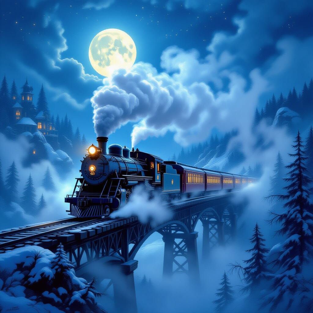 Polar Express on Moonlit Bridge in Kinkade Style