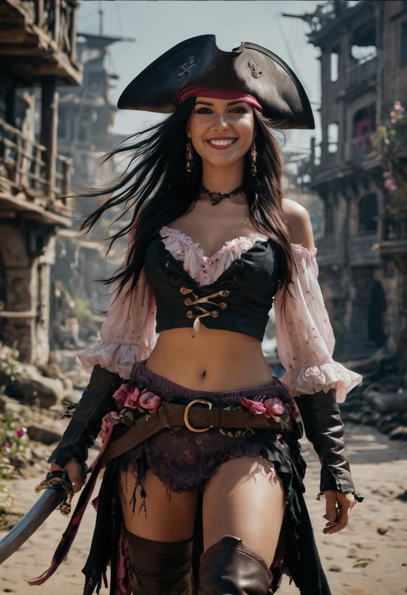 Beautiful Tattooed Pirate Girl in Pink Dress