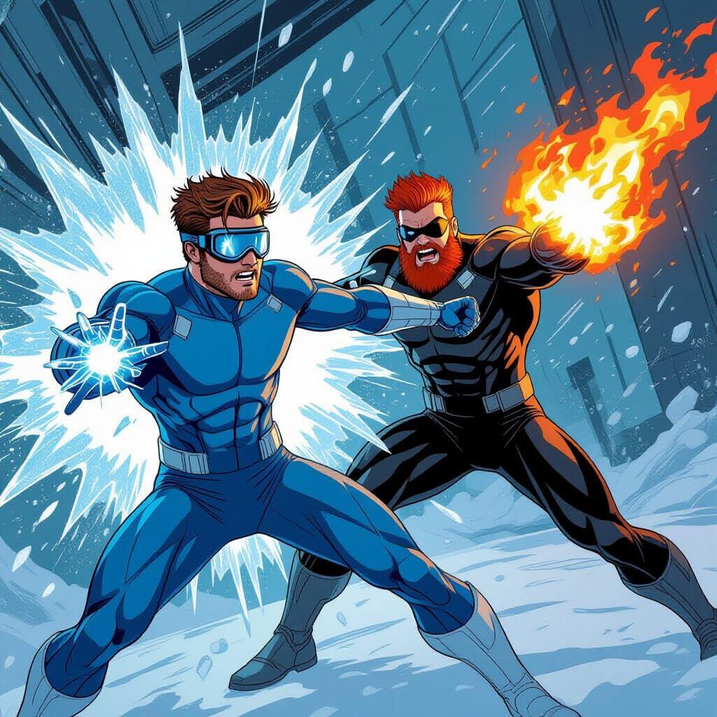 Futuristic Comic Book Battle with Ice and Fire Powers