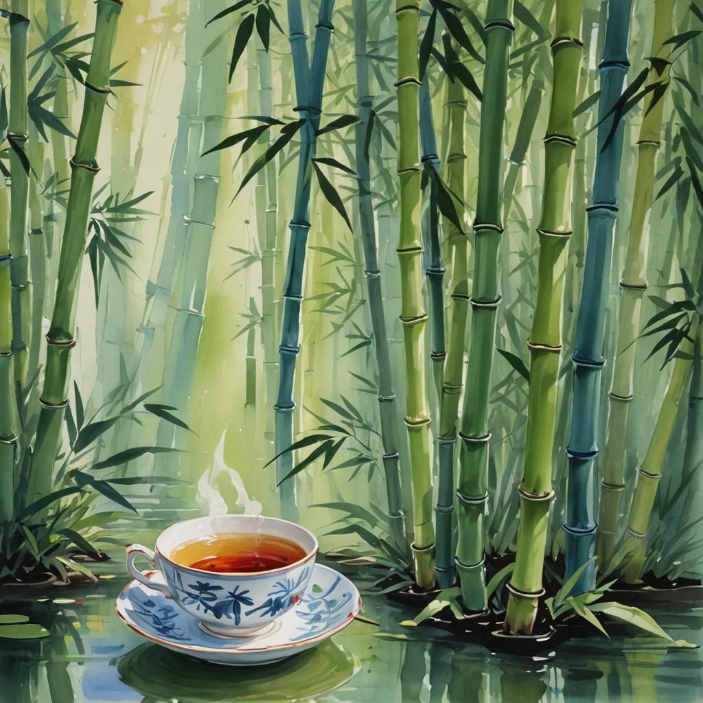 Bamboo Garden Teacup: Impressionist Gouache Painting