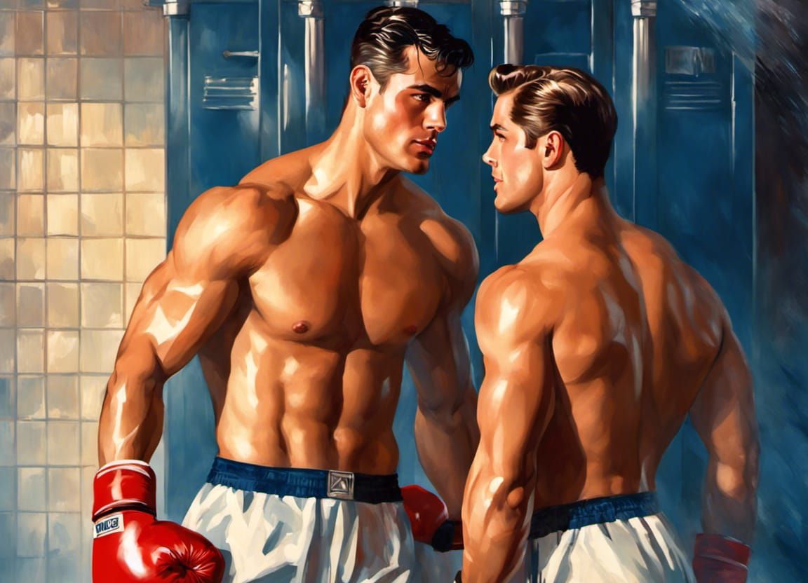Boxers in Locker Room, Art Nouveau Style Portrait