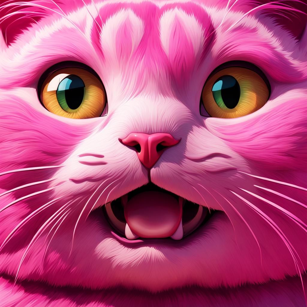 Pink Cartoon Cat Face in Detailed Matte Style