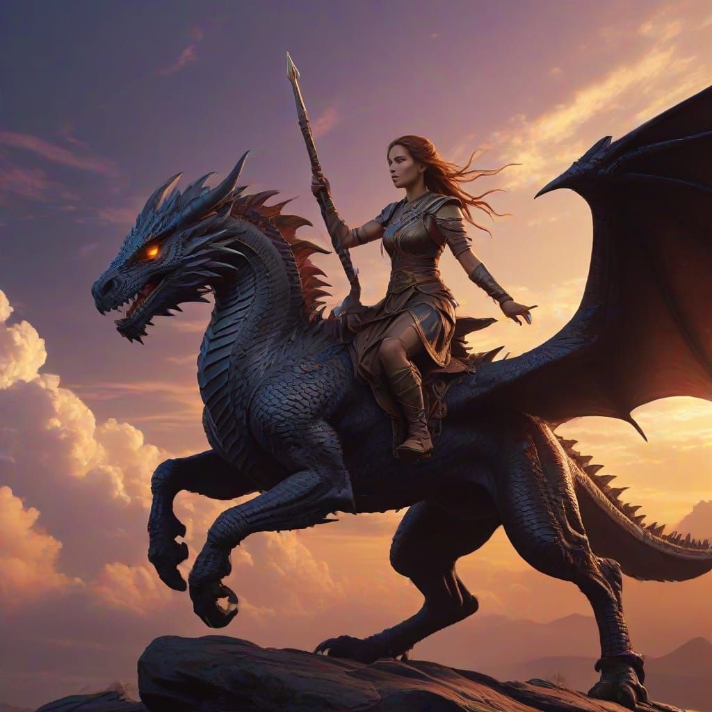 Heroic Fantasy Girl Rides a Majestic Black Dragon in Golden ...