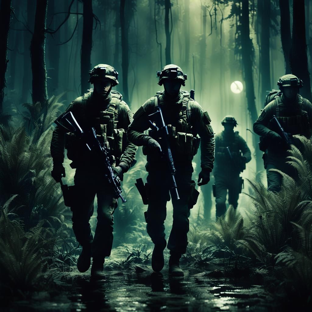 Night Ops: Soldiers in Swampy Forest, Digital Matte Painting