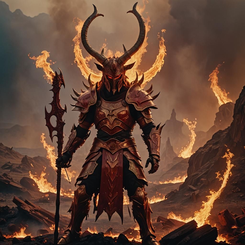 Khorn, God of Rage, Amidst Burning Landscape