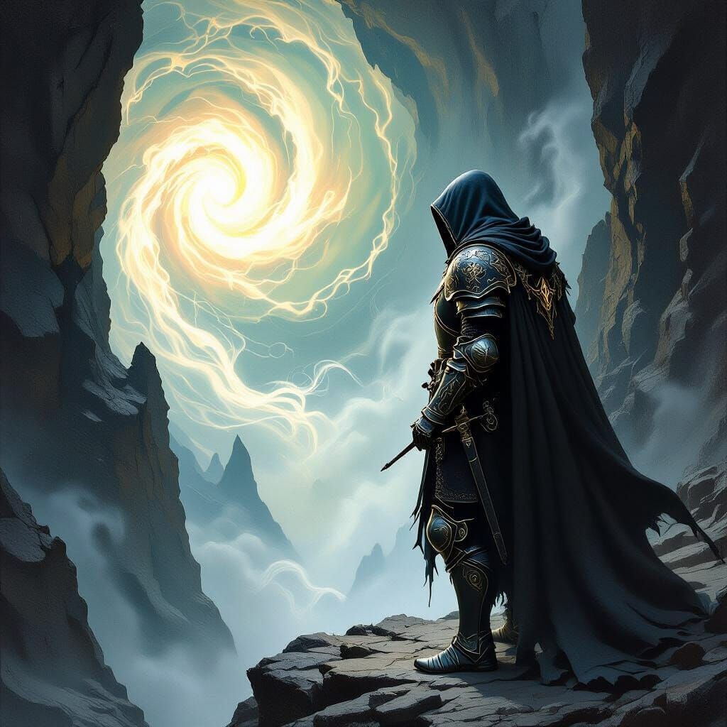Knight Gazes into Magical Vortex, Dark Fantasy Oil Painting