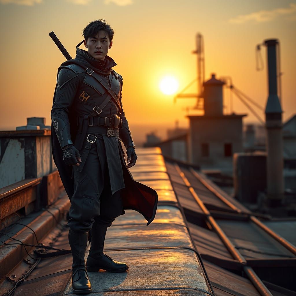 Korean Superhero Ninja Suit Rooftop Sunset
