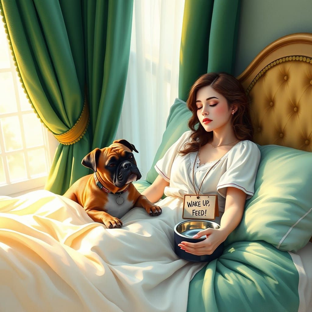 Whimsical Morning Scene with Sleeping Woman and Loyal Boxer