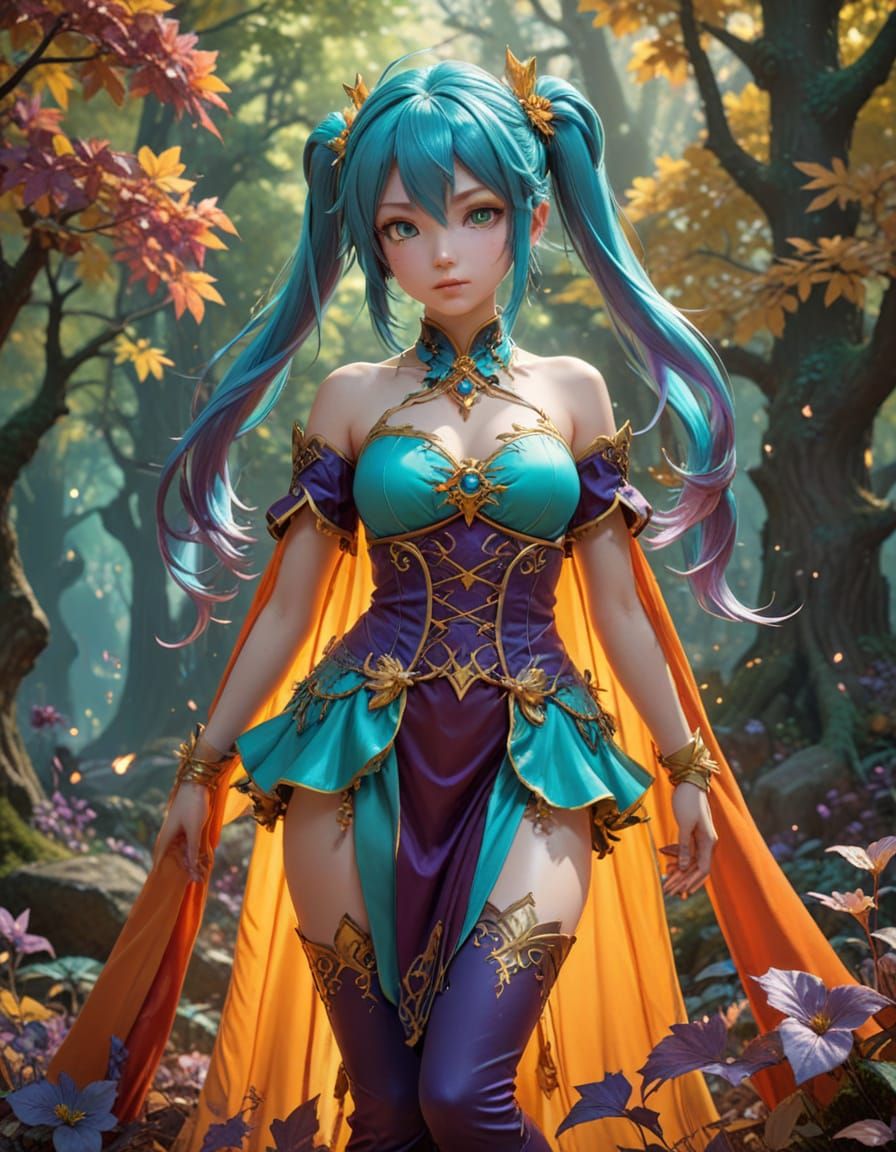 Chibi Hatsune Miku as Forest Sorceress in 3D Anime Style
