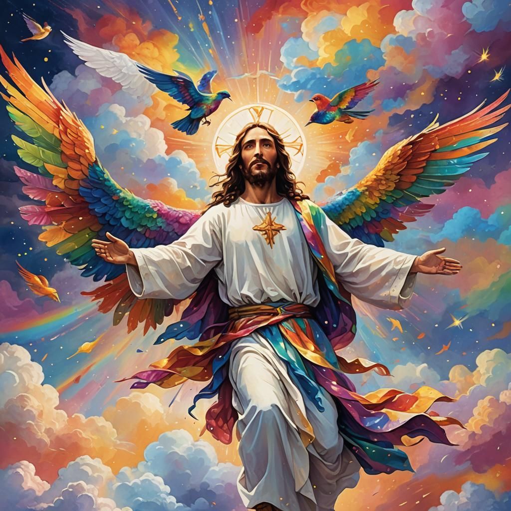 Jesus Riding a Bird in Klimt-Inspired Digital Art