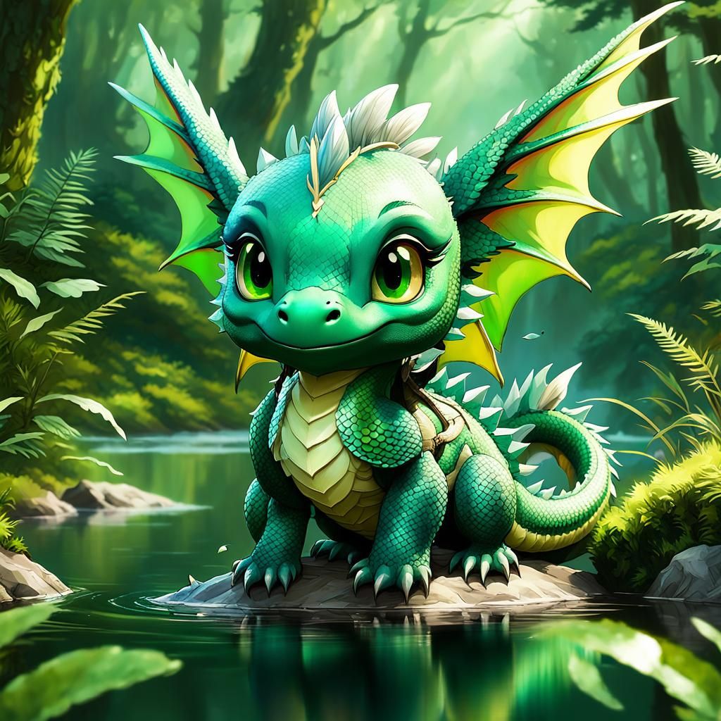 Chibi Dragon in Forest, Detailed Digital Art
