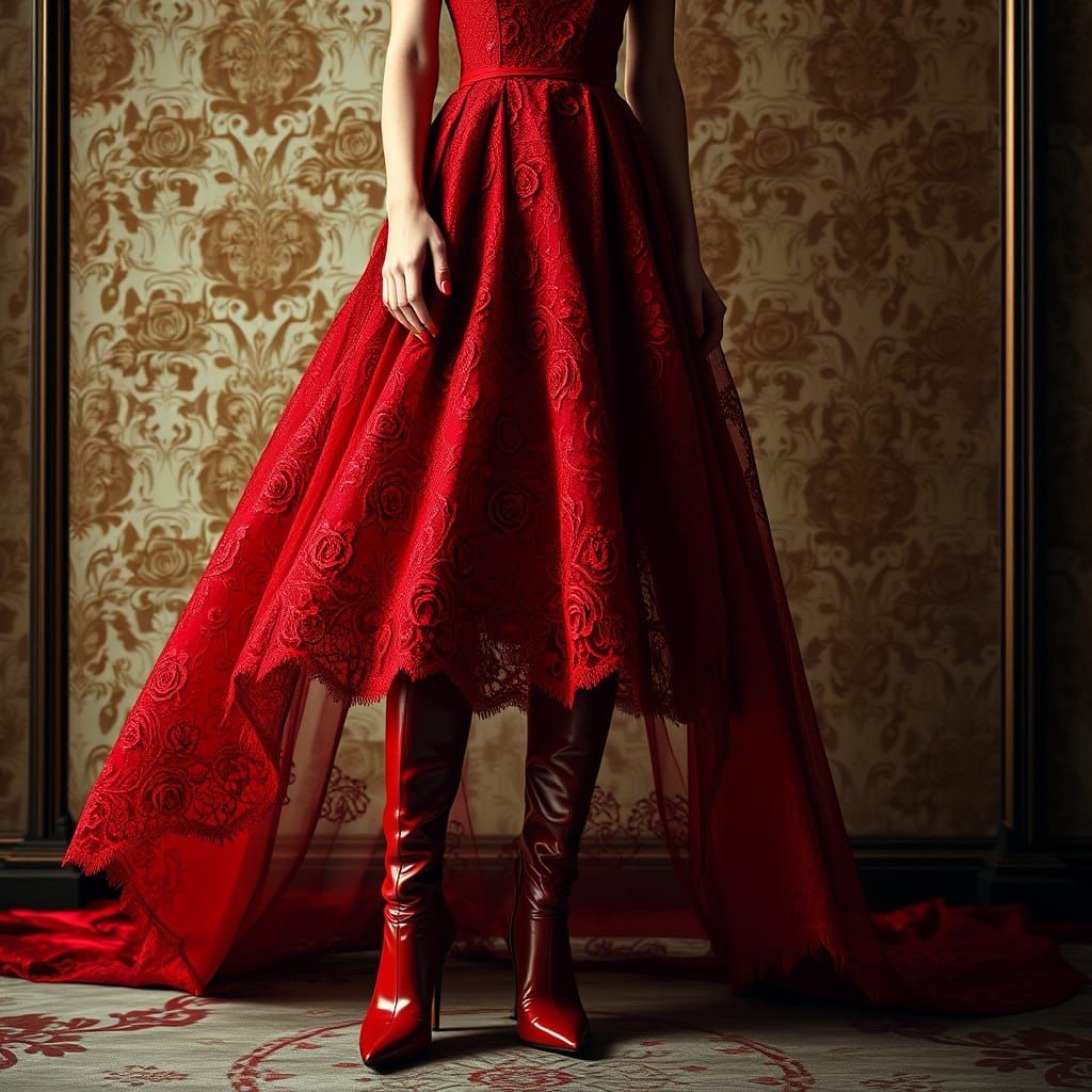 Elegant Red Lace Gown with Rose Patterns and High-Heeled Boo...