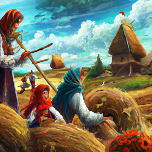 Autumn Haymaking: Peasants Harvesting in Naive Art Style