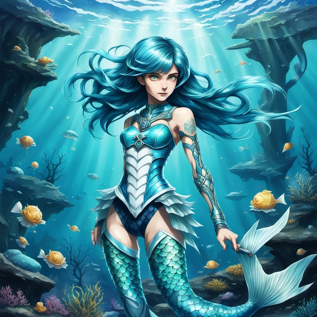Mermaid Sailor Mercury in Skeleton Armor, Hyper-Realistic