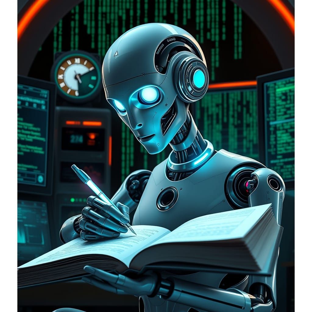 Robot in Renaissance Fashion Writes with Neon Pen