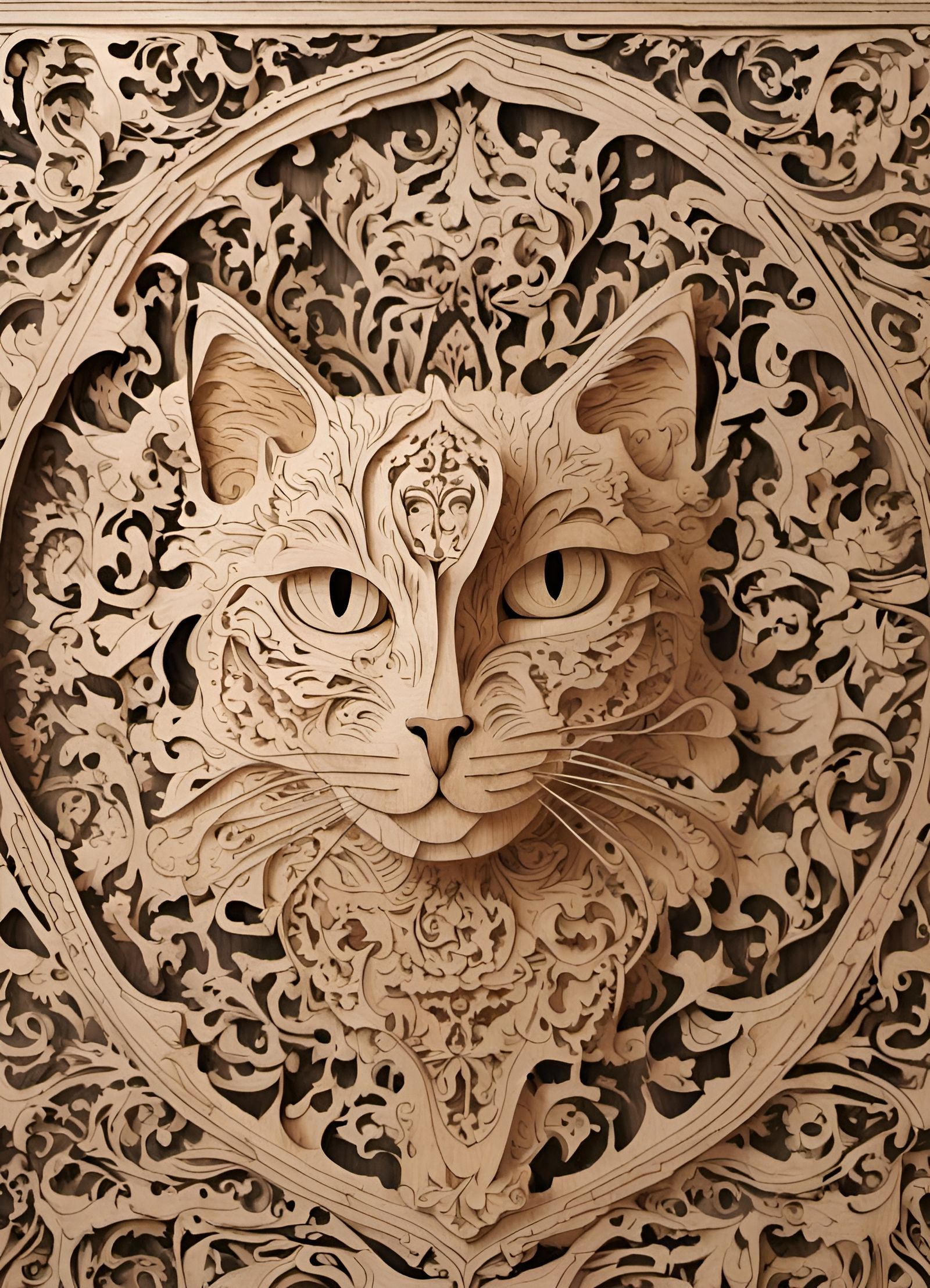 Intricate 3D Wood Cat Sculpture in Arabesque Style