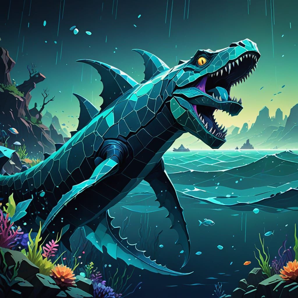Vibrant Low-Poly Sea Monster in Dark Oceanic Depths